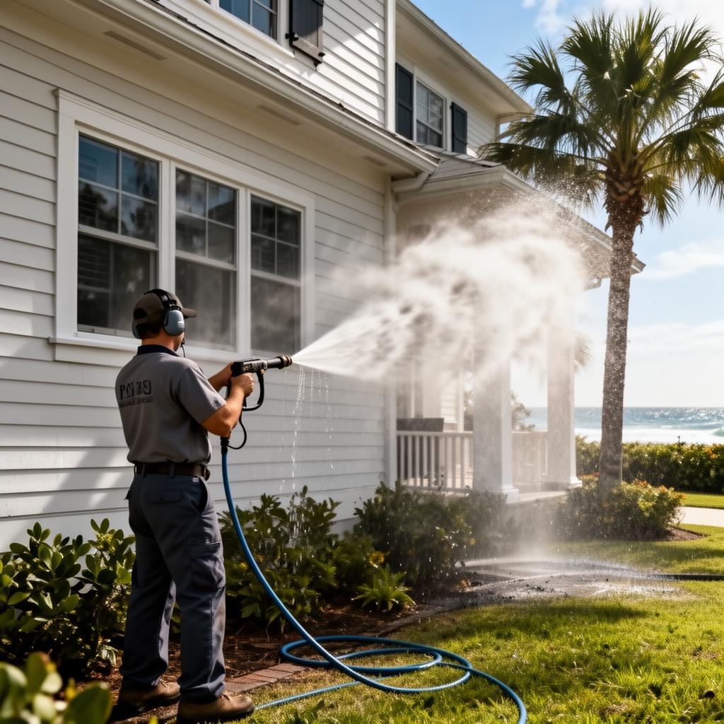Mr. Hydro Solutions technician soft-washing a South Florida home